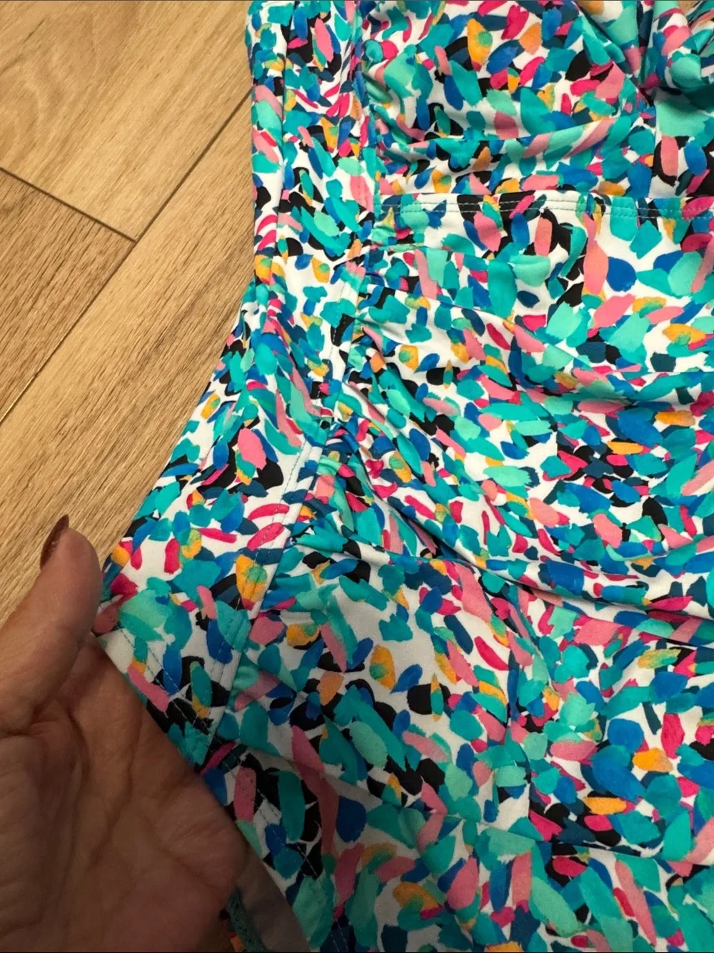 Swim Solutions NWT 10  Blue Multi-Print Sweetheart tummy One-Piece Swimsuit - Picture 7 of 8